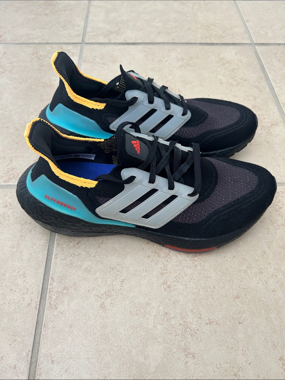 Adidas Ultraboost 21 Black Turquoise Yellow Ultraboost Running Sneakers